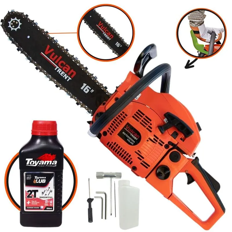 Motosserra Motorsserra Profissional Vulcan Vsl450 À Gasolina 2t 45cc 2,3hp De Potência, Robusta E De Alta Performance + Óleo Lubrificante Toyama 2t