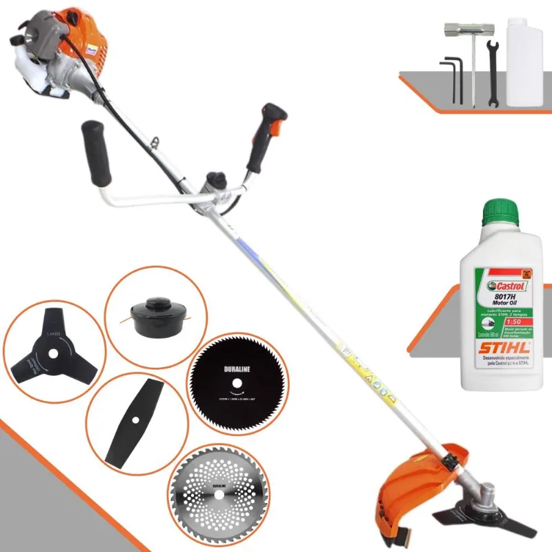 Máquina De Corta Grama Vulcan Vr430p À Gasolina 43cc 1,7hp 10.000rpm Multifuncional Com Guidão Anti-vibração 5 Opções De Cortes + Óleo Stihl 2 Tempos