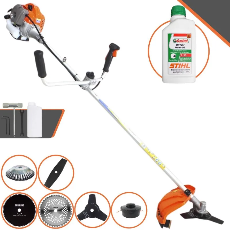 Roçadeira Vulcan Vp430p 43cc Com Carretel Nylon E Lâmina 3 Pontas + Lâmina 2 Pontas + Lâmina 40 Dentes + Lâmina 80 Dentes + Escova De Aço + Óleo Stihl