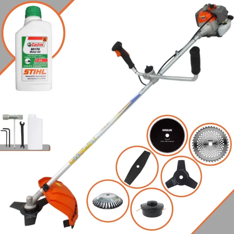 Cortador De Grama À Gasolina Vulcan Vp330-p 33cc 1,2hp 10.000rpm Roçadeira 6 Em 1 Com Guidão Antivibração Carretel + Kit 4 Facas + Escova + Óleo Stihl