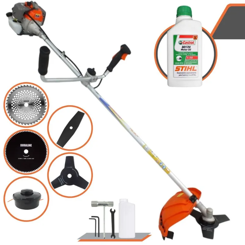 Roçadeira Vulcan Vr330-p À Gasolina 33cc 1,2hp Com Faca 2 Pontas + Faca 3 Pontas + Faca 40 Dentes + Faca 80 Dentes + Carretel De Nylon + Óleo Stihl 2t