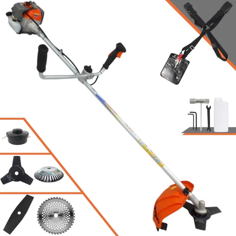 Roçadeira Podador De Grama À Gasolina 2t Vulcan Vr330-p 33cc 1,2hp 10.000rpm + Lâmina 2 Pontas + Lâmina 40 Dentes De Vídea + Escova De Aço 38 Cerdas