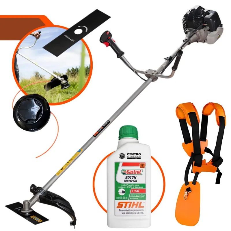 Roçadeira Aparador De Grama Anmax Cg430-b À Gasolina 2t 43cc 1,7hp 12.000rpm Robusta E Resistente C/ Lâmina 2 Pontas E Carretel Nylon + Óleo Stihl 2t