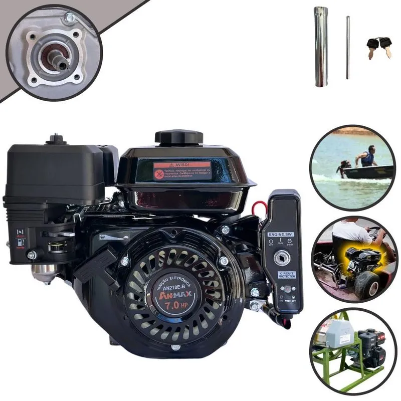 Motor Anmax An210e À Gasolina Motor 4t 208cc 7hp 3.600rpm Com Partida Elétrica E Eixo Horizontal Chavetado 19,05mm Ideal Para Kart E Rabetas De Barco