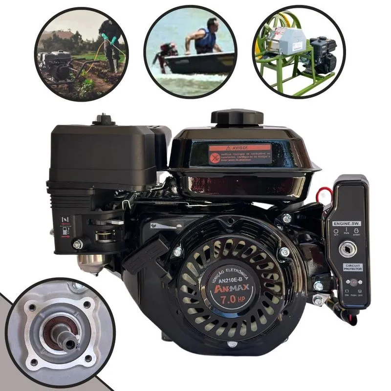 Motor An210e Anmax À Gasolina 4t 208cc 7hp 3.600rpm Profissional Com Eixo Horizontal 19,05mm E Partida Elétrica Para Moendas De Cana E Rabetas