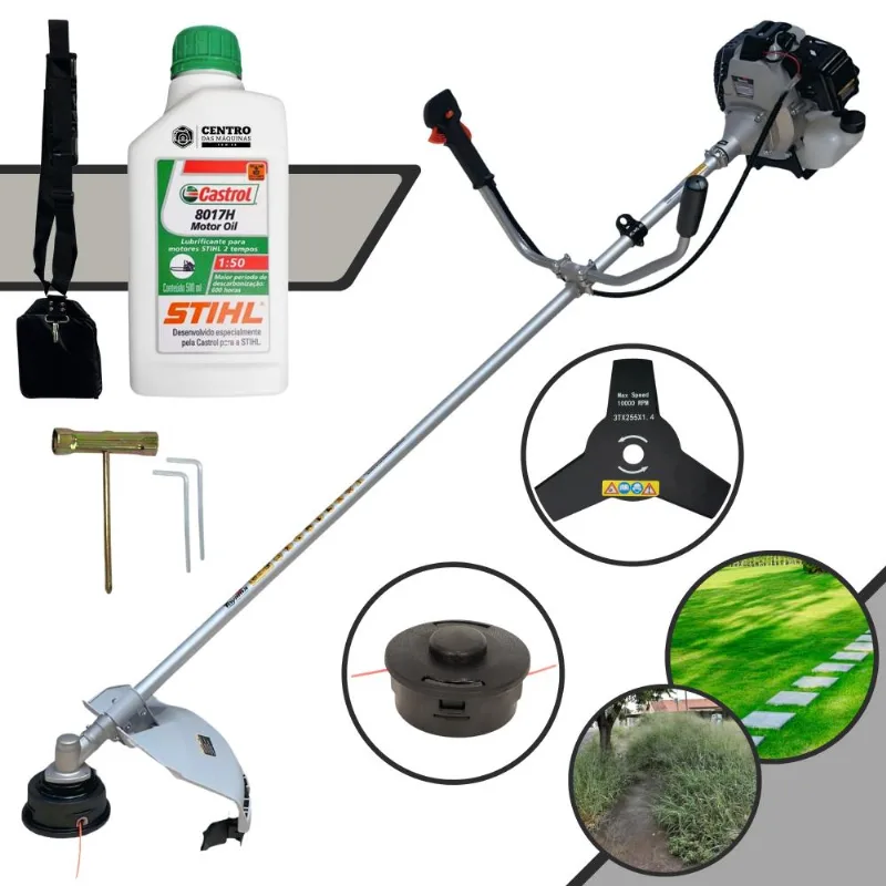 Roçadeira Lateral Completa À Gasolina Toyama Tbc43h 43cc 1,7hp Alta Rotação Com 2 Opções De Corte Carretel Nylon + Faca 3 Pontas + Óleo Stihl 2t