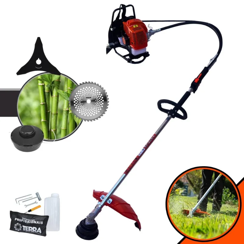 Roçadeira Costal Terra Grc-430 À Gasolina 43cc 1,7hp Máquina De Corta Grama Completa Com Carretel De Nylon + Lâmina 40 Dentes Vídea + Lâmina 3 Pontas
