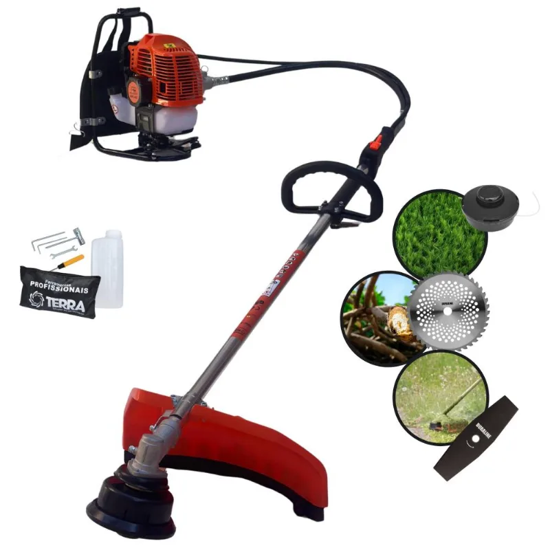 Roçadeira Costal Multifuncional Terra Grc430 43cc 1,7hp De Potência Cortador De Grama Com Cabeçote Nylon + Lâmina 40 Dentes Vídea + Lâmina 2 Pontas