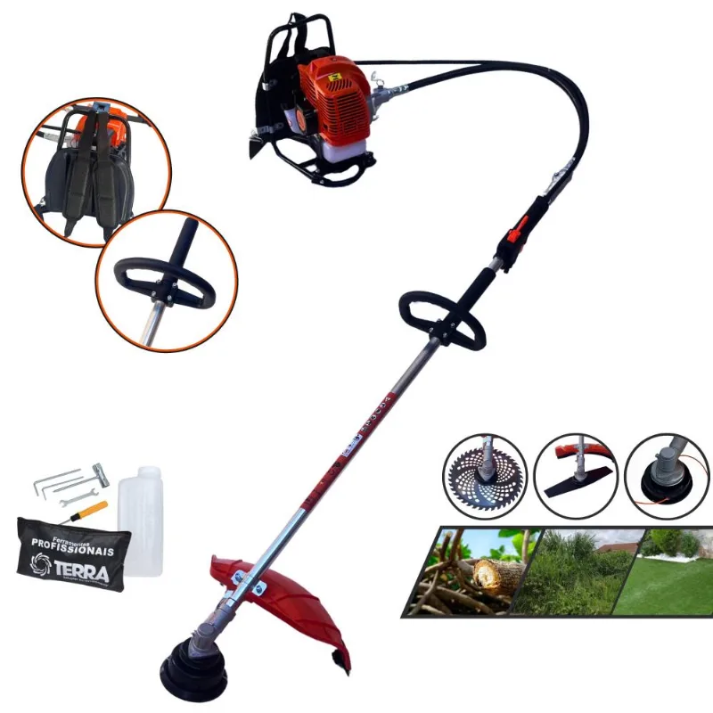Roçadeira Costal Grc430 Terra À Gasolina 43cc 1,7hp Alta Rotação Cortador De Grama Completo Com Carretel Nylon + Faca 40 Dentes Vídea + Faca 2 Pontas