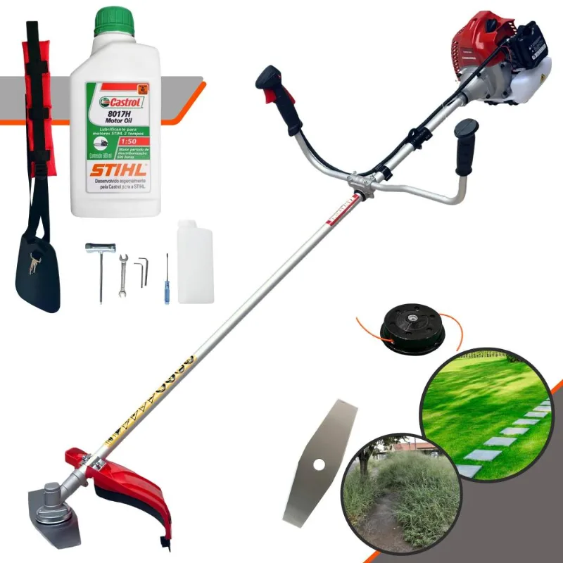 Cortador De Grama Kawashima Bcj431-l À Gasolina 43cc 1,7hp 10.000rpm Roçadeira Completa Com Carretel De Nylon + Lâmina 2 Pontas + Óleo Stihl 8017