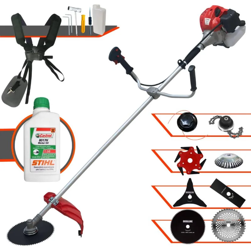 Roçadeira Anmax Cg430p 2t 43cc 2hp Com Carretel + Facas 2 Pontas, 3 Pontas, 6 Pontas, 40 Dentes Vídea, 80 Dentes, Trimmer, Escova De Aço + Óleo Stihl