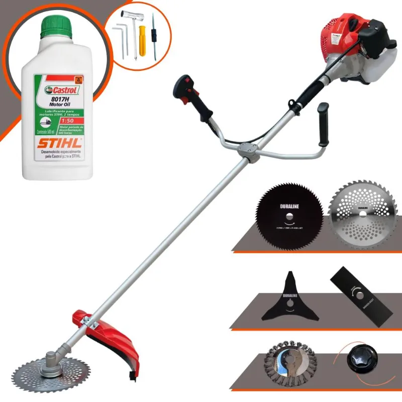 Roçadeira Anmax Cg520-p À Gasolina 52cc 2,2hp 6 Em 1 Com Carretel + Faca 2 Pontas, 3 Pontas, 40 Dentes E 80 Dentes + Escova De Aço + Óleo Stihl 2t