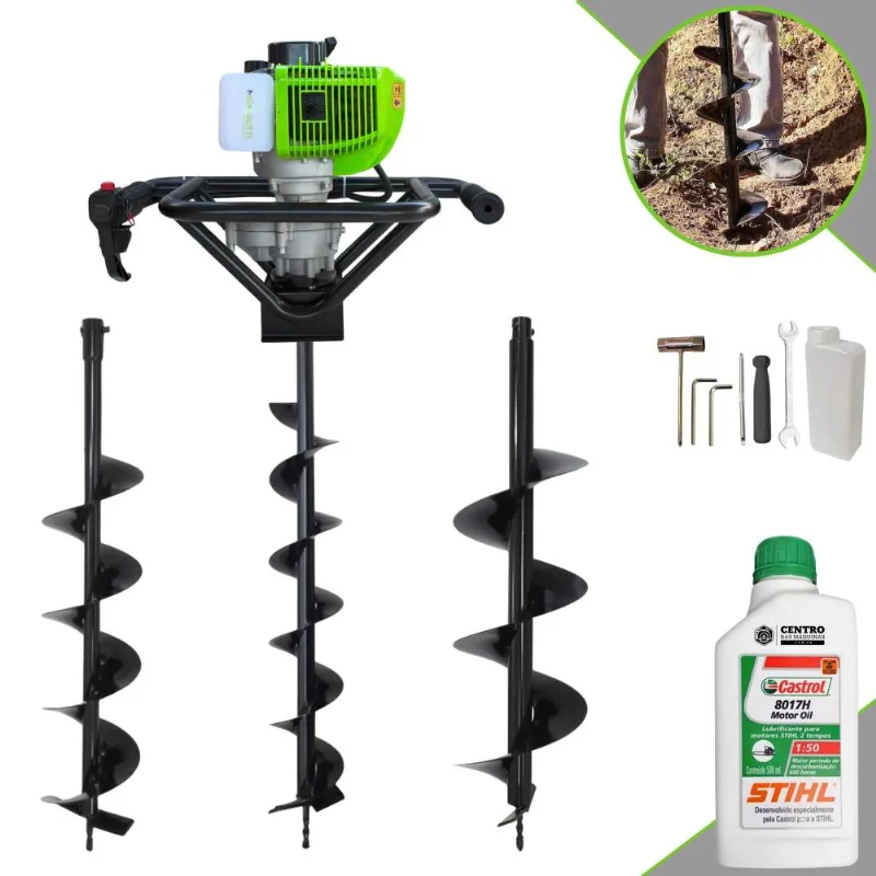Kit Perfurador De Solo Menegotti Mps52 À Gasolina 2t 52cc 1,8hp 9.000rpm Com Brocas 80x10cm, 80x15cm E 80x20cm + Óleo Stihl 2t Extra