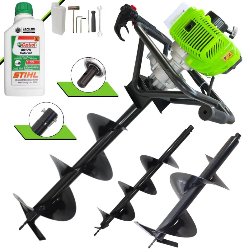 Kit Perfurador De Solo Menegotti Mps52 À Gasolina 52cc 1,8hp 9.000rpm Completo Com Conjunto De Brocas 80x20cm, 80x25cm E 80x30cm + Óleo Stihl 8017 2t