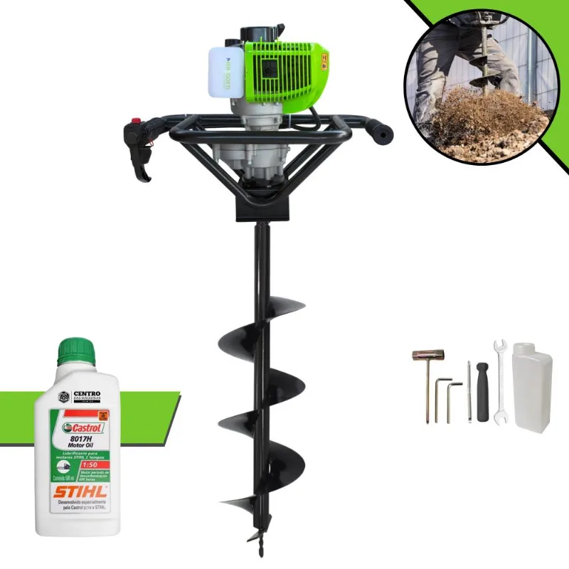 Perfurador De Solo Completo Menegotti Mps52 À Gasolina Motor 2t 52cc 1,8hp De Potência Alta Rotação + Broca 80x20cm + Óleo Stihl 2t