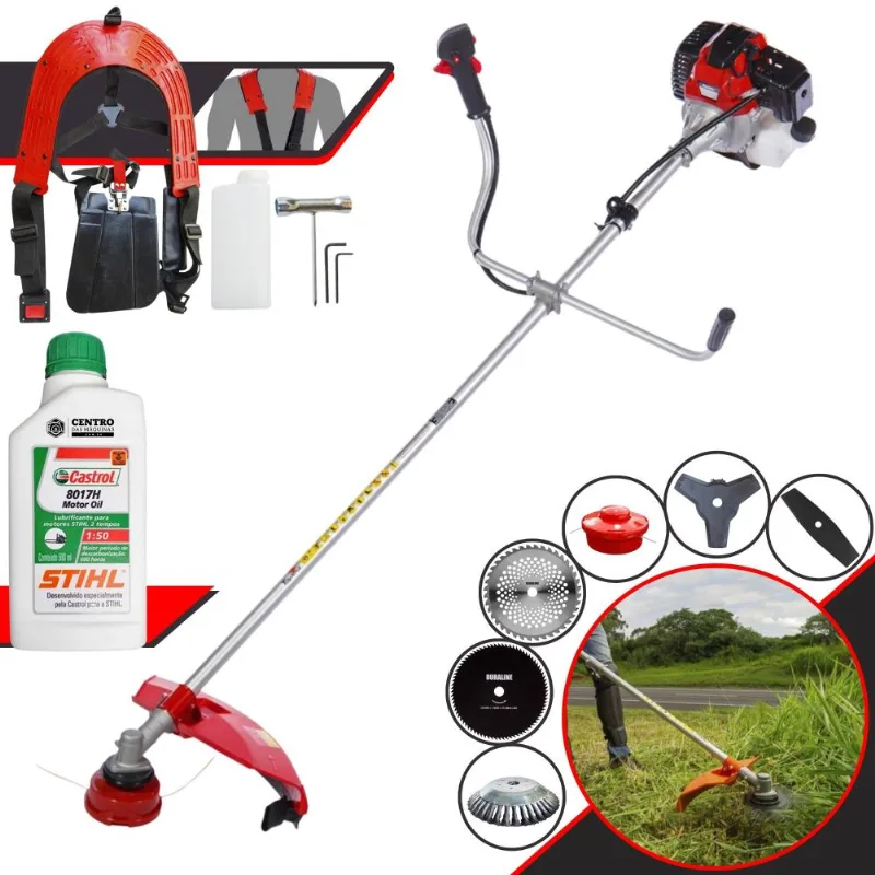 Roçadeira Com Sistema Antivibração À Gasolina Toyama Rt43l 43cc 1,7hp 10000rpm 6 Em 1 Com Carretel Nylon + Kit 4 Facas + Escova De Aço + Óleo Stihl 2t