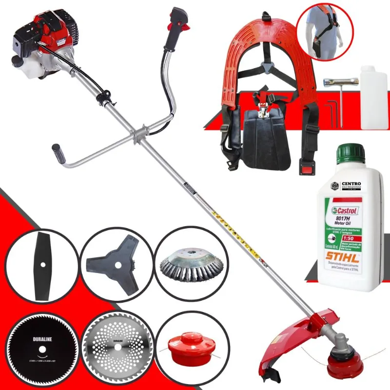 Roçadeira Robusta Toyama Rt43l À Gasolina 43cc 1,7hp 10.000rpm Multifuncional Com Carretel Nylon + 4 Lâminas De Corte + Escova De Aço + Óleo Stihl 2t