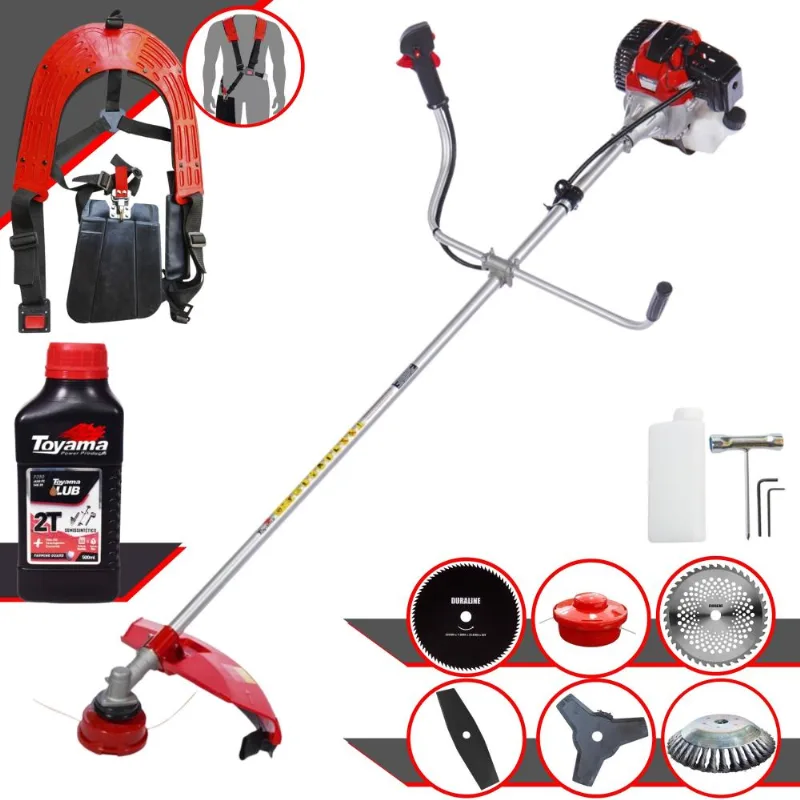 Roçadeira 6 Em 1 Toyama Rt43l 43cc Com Carretel Nylon + Faca 2 Pontas + Faca 3 Pontas + Faca 40 Dentes + Faca 80 Dentes + Escova De Aço + Óleo Toyama