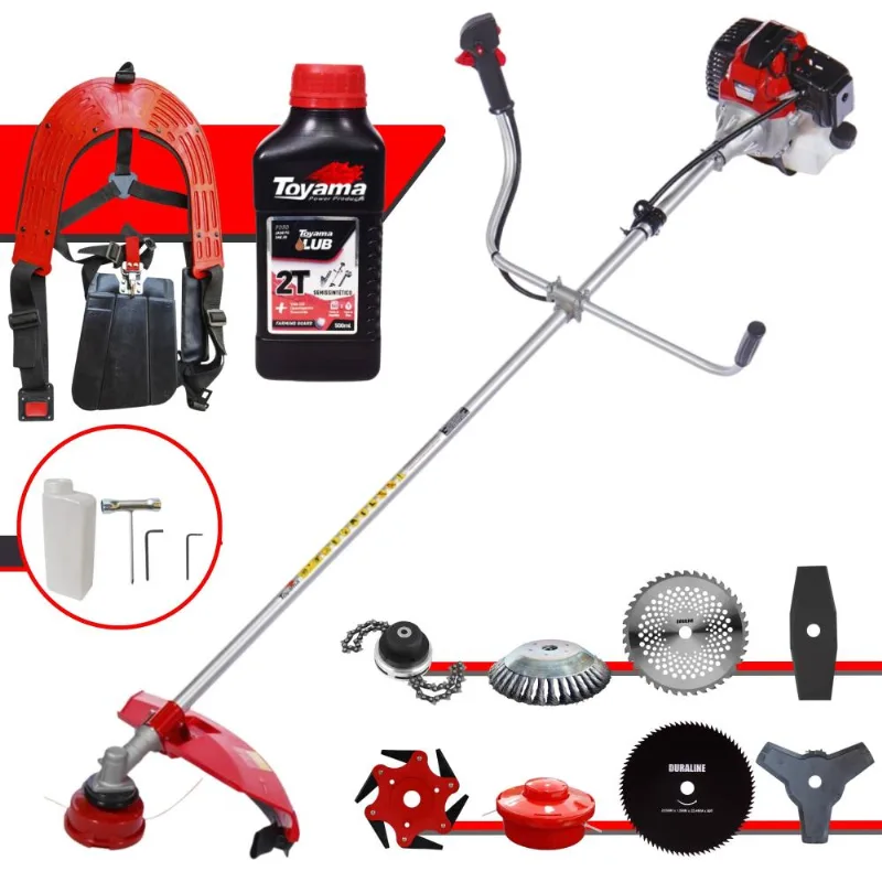 Roçadeira Completa À Gasolina Toyama Rt43-l Motor 2 Tempos 43cc 1,7hp Alta Performance Com Carretel De Nylon + Kit 7 Opções De Corte + Óleo Toyama 2t