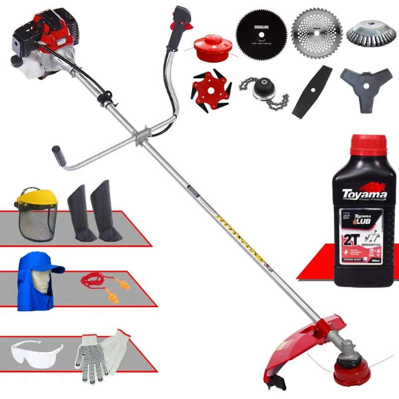 Roçadeira Toyama Rt43l 43cc Com Carretel + Facas 2 Pontas, 3 Pontas, 6 Pontas, 40 Dentes Vídea, 80 Dentes, Trimmer E Escova De Aço + Epi + Óleo Toyama