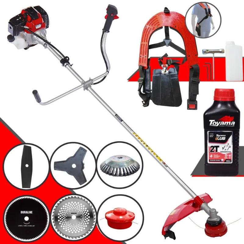 Roçadeira Toyama Rt52l 52cc 2hp Com Carretel E Faca 3 Pontas + Faca 2 Pontas + Faca 40 Dentes Vídea + Faca 80 Dentes + Escova De Aço + Óleo Toyama