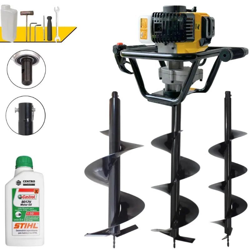 Perfurador À Gasolina Lynus Psl517 52cc 1,8hp 9.000rpm P/ Construção Civil E Mourões Com Brocas 80x20cm, 80x25cm E 80x30cm + Extra Óleo Stihl 2t
