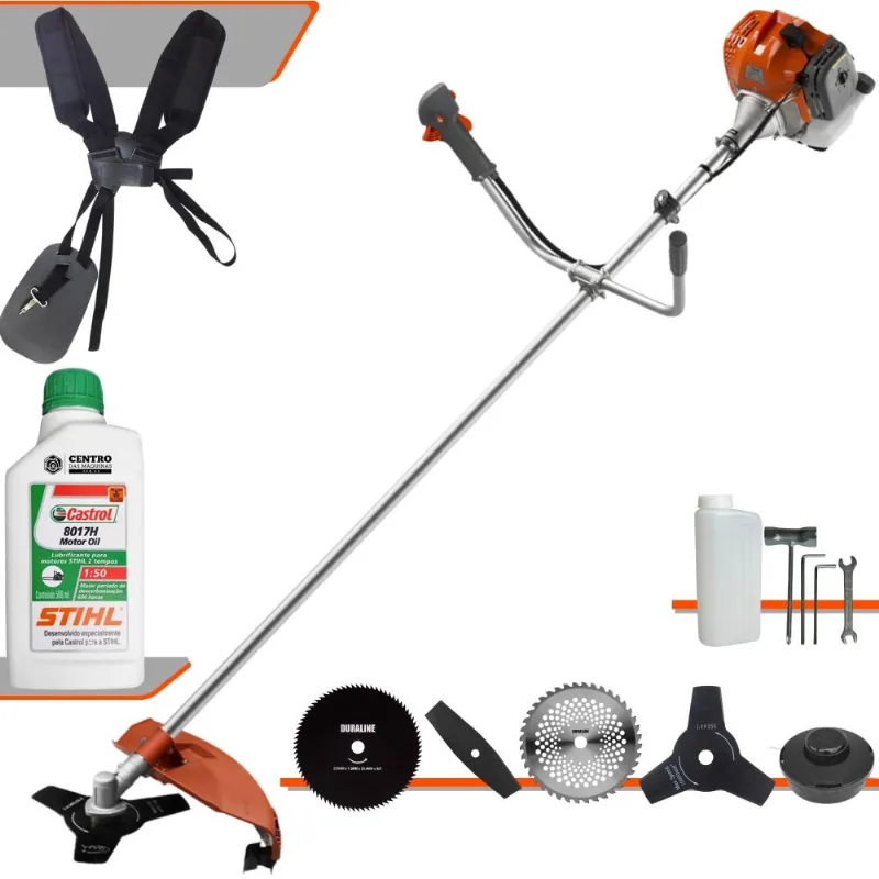 Roçadeira Aparador De Grama Lateral Tekna Rl520acn-tk À Gasolina 52cc 2hp Robusta Com Carretel De Nylon + Kit 4 Lâminas De Corte + Óleo Stihl 2t