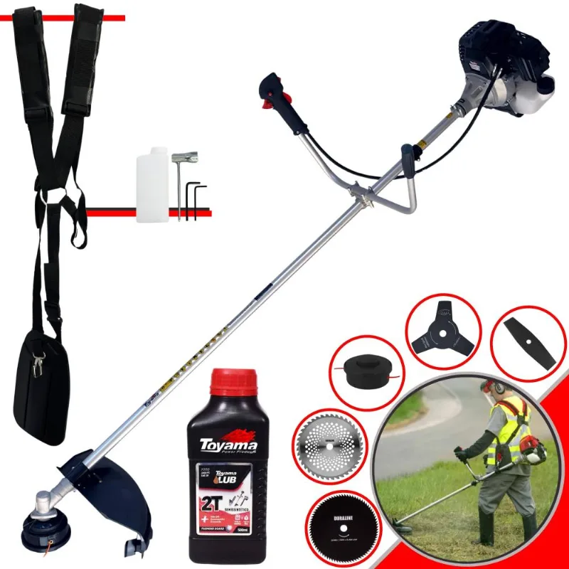 Roçadeira Profissional Toyama Rt43lb-25a À Gasolina 43cc Com Lâmina 2 Pontas, Lâmina 3 Pontas, Lâmina 40 Dentes Vídea, Lâmina 80 Dentes + Óleo Toyama