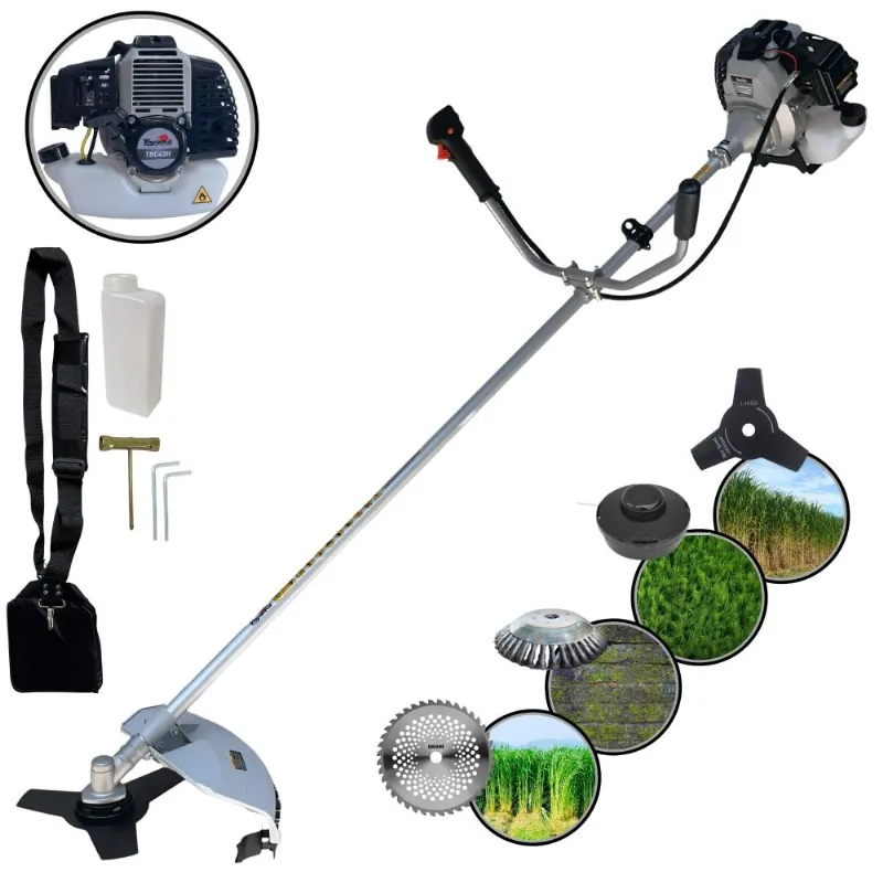Roçadeira Com Sistema Anti-vibração Toyama Tbc43h À Gasolina 43cc 1,7hp 4 Em 1 Com Carretel De Nylon E Faca 3 Pontas + Faca 40 Dentes + Escova De Aço