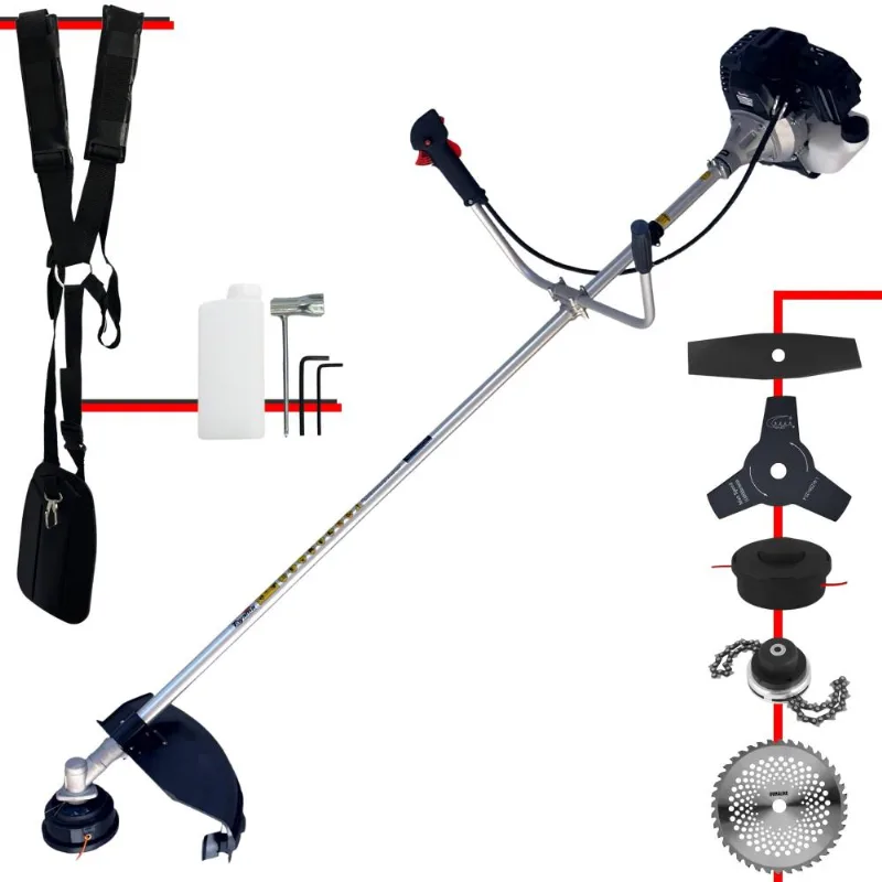 Roçadeira À Gasolina Toyama Rt43lb-25a 1,7hp 43cc Alta Performance Com Carretel Nylon + Faca 2 Pontas + Faca 3 Pontas + Faca 40 Dentes Vídea + Trimmer