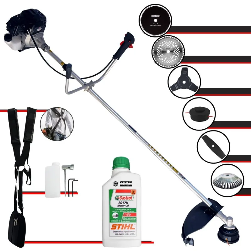 Roçadeira Com Sistema Antivibração À Gasolina Toyama Rt43lb25a 43cc 1,7hp 10.000rpm 6 Em 1 Com Carretel De Nylon + Kit 4 Facas + Escova + Óleo Stihl