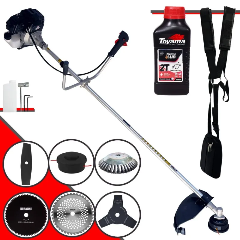 Roçadeira 6 Em 1 Toyama Rt43lb25a 43cc 2t Com Carretel + Faca 2 Pontas + Faca 3 Pontas + Faca 40 Dentes + Faca 80 Dentes + Escova De Aço + Óleo Toyama