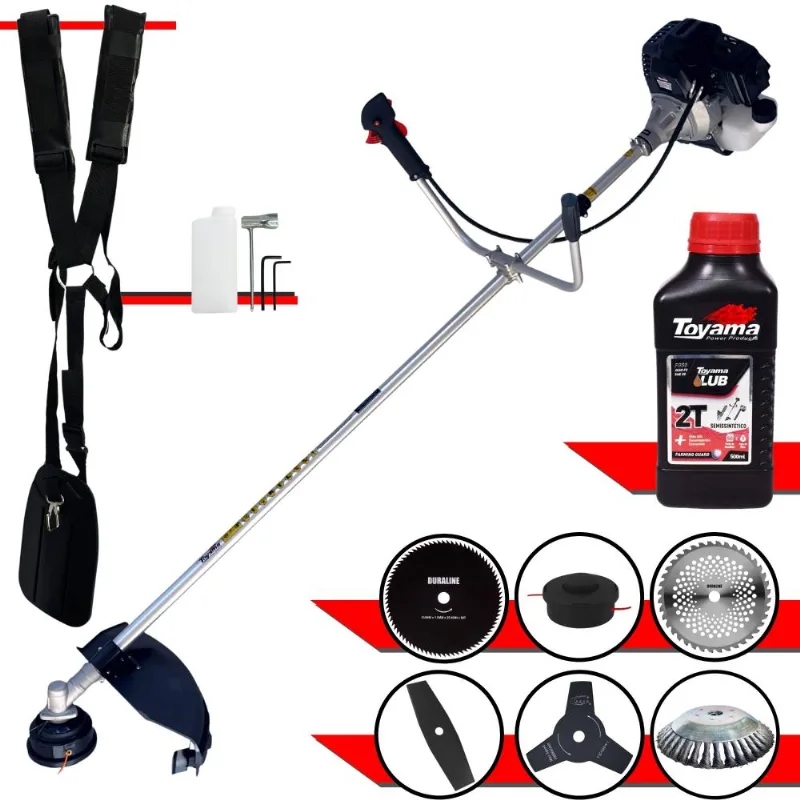 Roçadeira Com Sistema Antivibração Toyama Rt43lb25a À Gasolina 43cc 1,7hp 10.000rpm Robusta Com Carretel + 4 Lâminas De Corte + Escova + Óleo Toyama