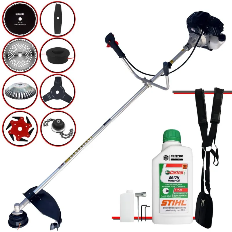Roçadeira Toyama Rt43lb25a 43cc 1,7hp Com Carretel + Facas 2 Pontas, 3 Pontas, 6 Pontas, 40 Dentes Vídea, 80 Dentes, Trimmer, Escova + Óleo Stihl 2t