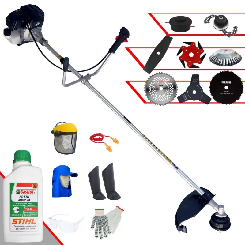 Roçadeira Toyama Rt43lb25a 43cc Com Carretel + Facas 2 Pontas, 3 Pontas, 6 Pontas, 40 Dentes Vídea, 80 Dentes, Trimmer E Escova + Epi + Óleo Stihl 2t