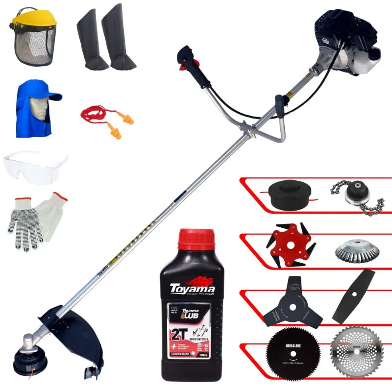 Roçadeira Toyama Rt43lb25a 43cc Com Carretel + Facas 2 Pontas, 3 Pontas, 6 Pontas, 40 Dentes De Vídea, 80 Dentes, Trimmer E Escova + Epi + Óleo Toyama