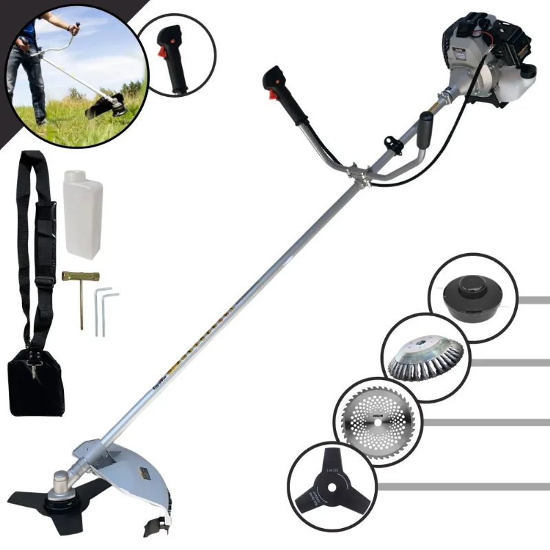 Roçadeira Toyama Tbc43-h À Gasolina 43cc 1,7hp 12.000rpm Alta Performance Com Carretel Nylon + Faca 3 Pontas + Faca 40 Dentes De Vídea + Escova De Aço