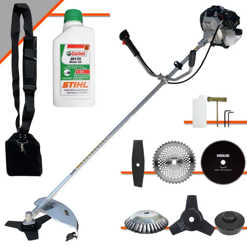 Roçadeira 6 Em 1 Toyama Tbc43h 43cc Com Carretel + Faca 2 Pontas + Faca 3 Pontas + Faca 40 Dentes + Faca 80 Dentes + Escova De Aço + Óleo Stihl 2t