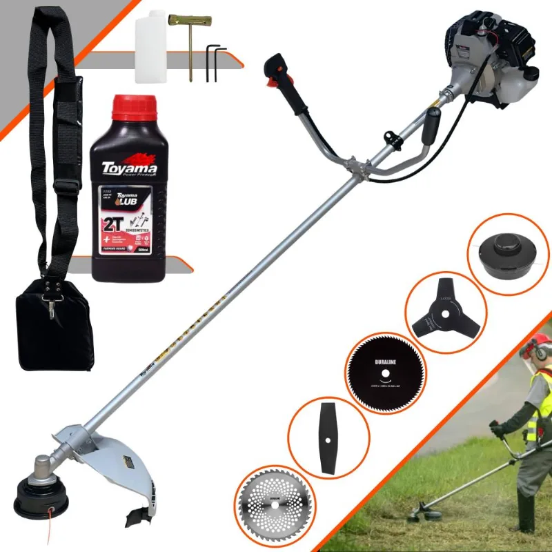 Roçadeira Lateral Toyama Tbc43h 43cc 1,7hp 12000rpm Com Carretel E Faca 3 Pontas + Faca 2 Pontas, Faca 40 Dentes, Faca 80 Dentes + Óleo Toyama Fg50 2t