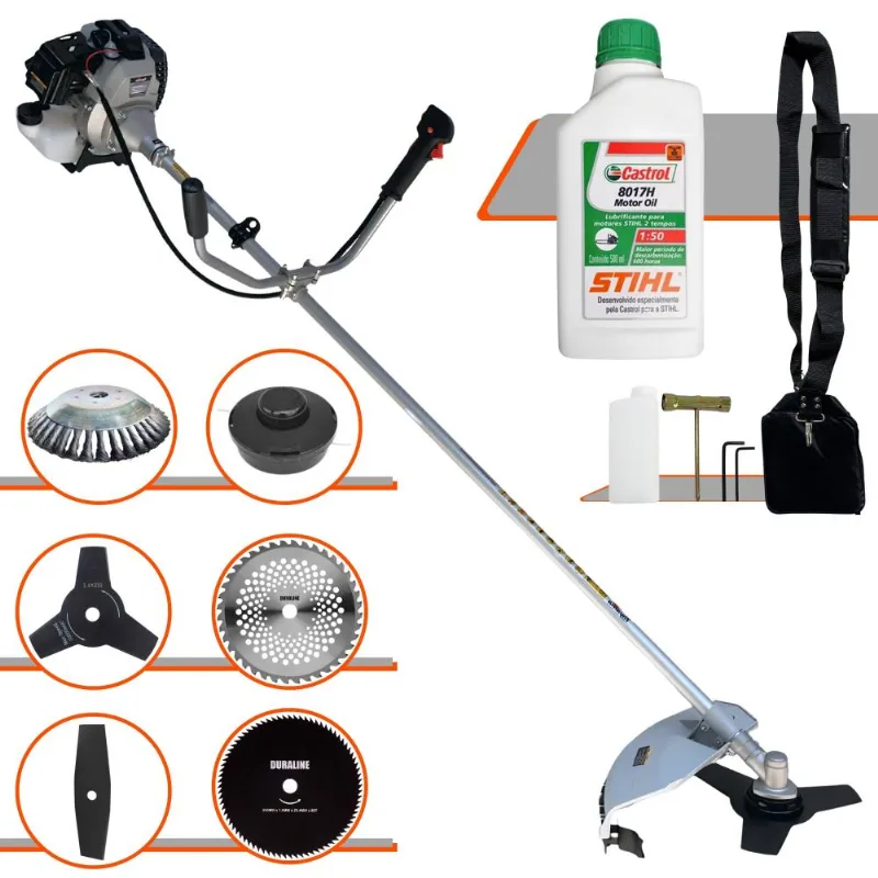 Roçadeira Com Sistema Antivibração À Gasolina Toyama Tbc43h 43cc 1,7hp 12000rpm 6 Em 1 Com Carretel Nylon + Kit 4 Facas + Escova De Aço + Óleo Stihl
