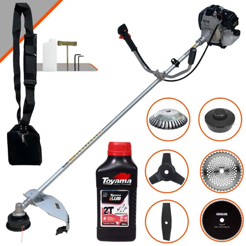 Roçadeira Com Sistema Antivibração Toyama Tbc43h À Gasolina 43cc 1,7hp 12000rpm Robusta C/ Carretel + 4 Lâminas De Corte + Escova De Aço + Óleo Toyama