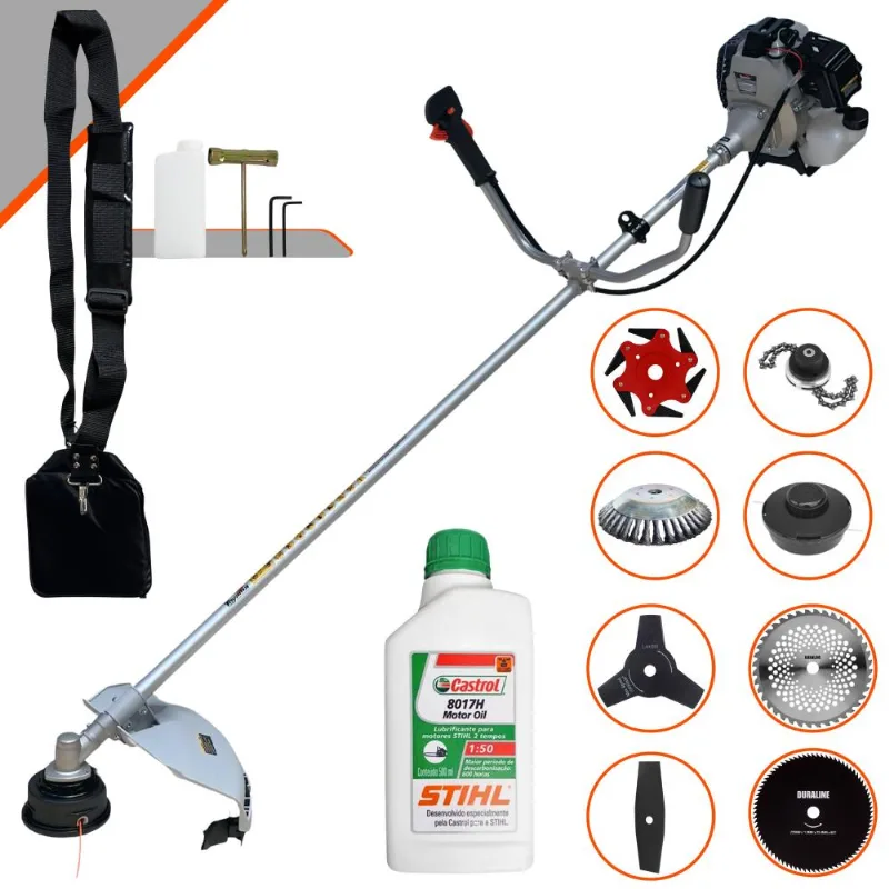 Roçadeira Toyama Tbc43h 43cc 1,7hp Com Carretel Nylon + Facas 2 Pontas, 3 Pontas, 6 Pontas, 40 Dentes, 80 Dentes, Trimmer, Escova De Aço + Óleo Stihl