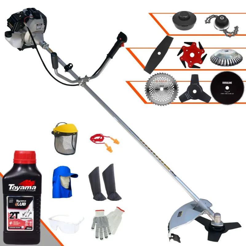 Roçadeira Toyama Tbc43h 43cc C/ Carretel + Facas 2 Pontas, 3 Pontas, 6 Pontas, 40 Dentes Vídea, 80 Dentes, Trimmer E Escova De Aço + Epi + Óleo Toyama