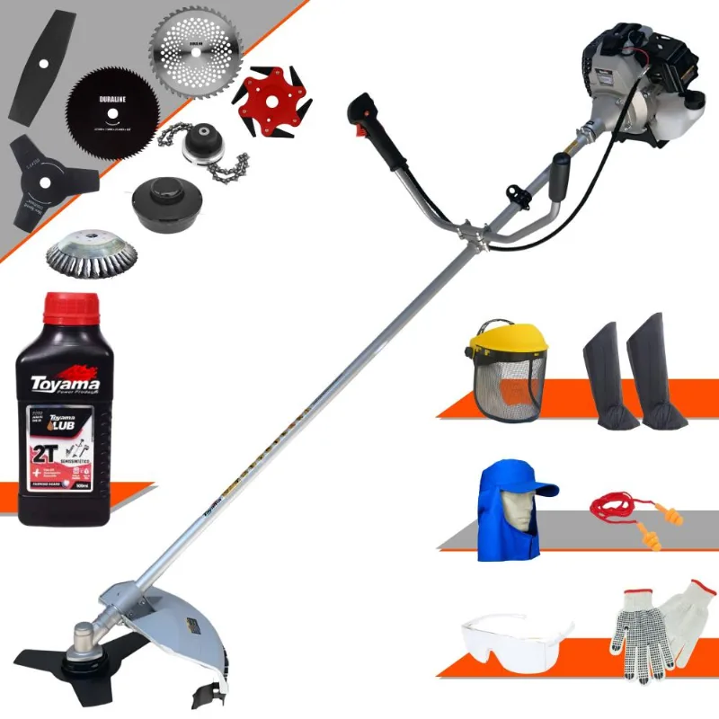 Roçadeira Com Sistema Antivibração À Gasolina Toyama Tbc43h 43cc 1,7hp Alta Rotação Com Carretel Nylon E Kit 7 Opções De Corte + Epi + Óleo Toyama 2t