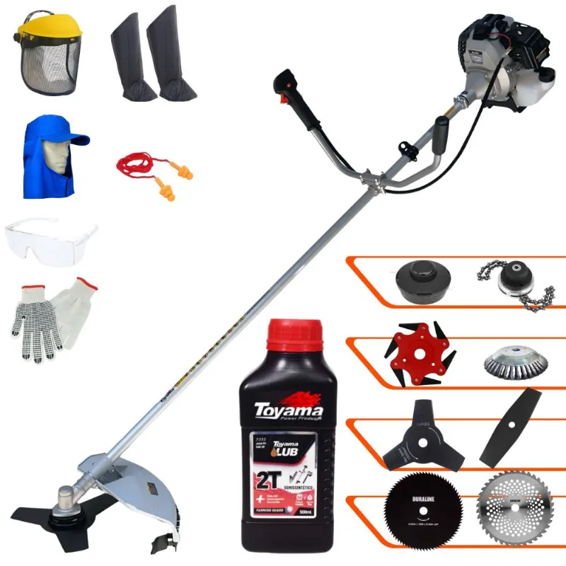Roçadeira Toyama Tbc43h 43cc C/ Carretel + Facas 2 Pontas, 3 Pontas, 6 Pontas, 40 Dentes Vídea, 80 Dentes, Trimmer E Escova De Aço + Epi + Óleo Toyama
