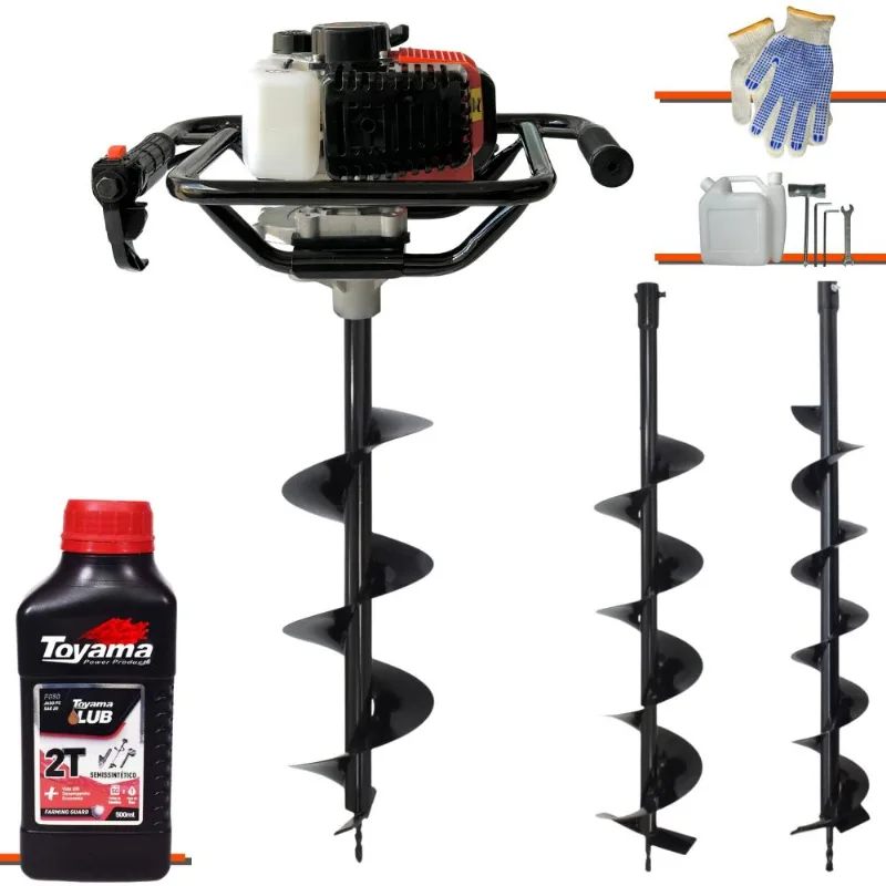 Trado Motorizado À Gasolina Vant Vps-52 52cc 2hp 6.500rpm Perfurador De Alta Performance + Brocas 80x10, 80x15 E 80x20 + Óleo Toyama Fg50 2t