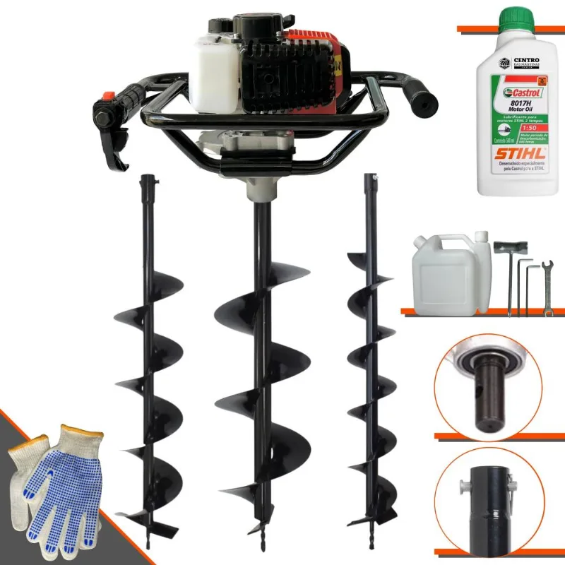 Perfurador De Solo À Gasolina Vant Vps52 52cc 2hp De Alta Rotação E Performance + Brocas 80x10cm, 80x15cm E 80x20cm + Óleo Stihl 2t