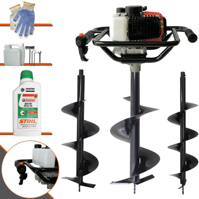 Perfurador À Gasolina Vant Vps52 52cc 2hp 6.500rpm P/ Construção Civil E Mourões Com Brocas 80x20cm, 80x25cm E 80x30cm + Extra Óleo Stihl 2t