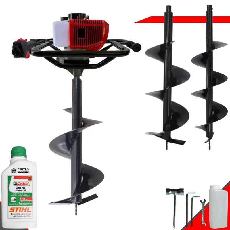Perfurador À Gasolina Anmax Gd520b 52cc 2,2hp 7.000rpm P/ Construção Civil E Mourões Com Brocas 80x20cm, 80x25cm E 80x30cm + Extra Óleo Stihl 2t