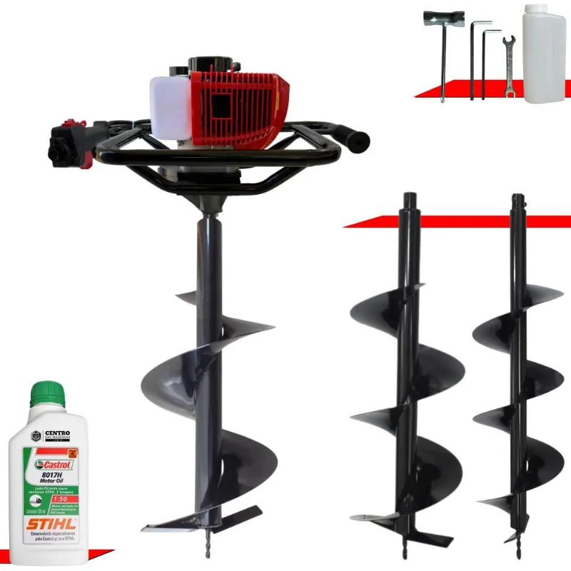 Máquina Fura Terra Perfurador De Solo Anmax Gd520b À Gasolina 2t 52cc 7.000rpm 2,2hp + Brocas 80x20cm, 80x25cm E 80x30cm + Extra 1 Óleo Stihl